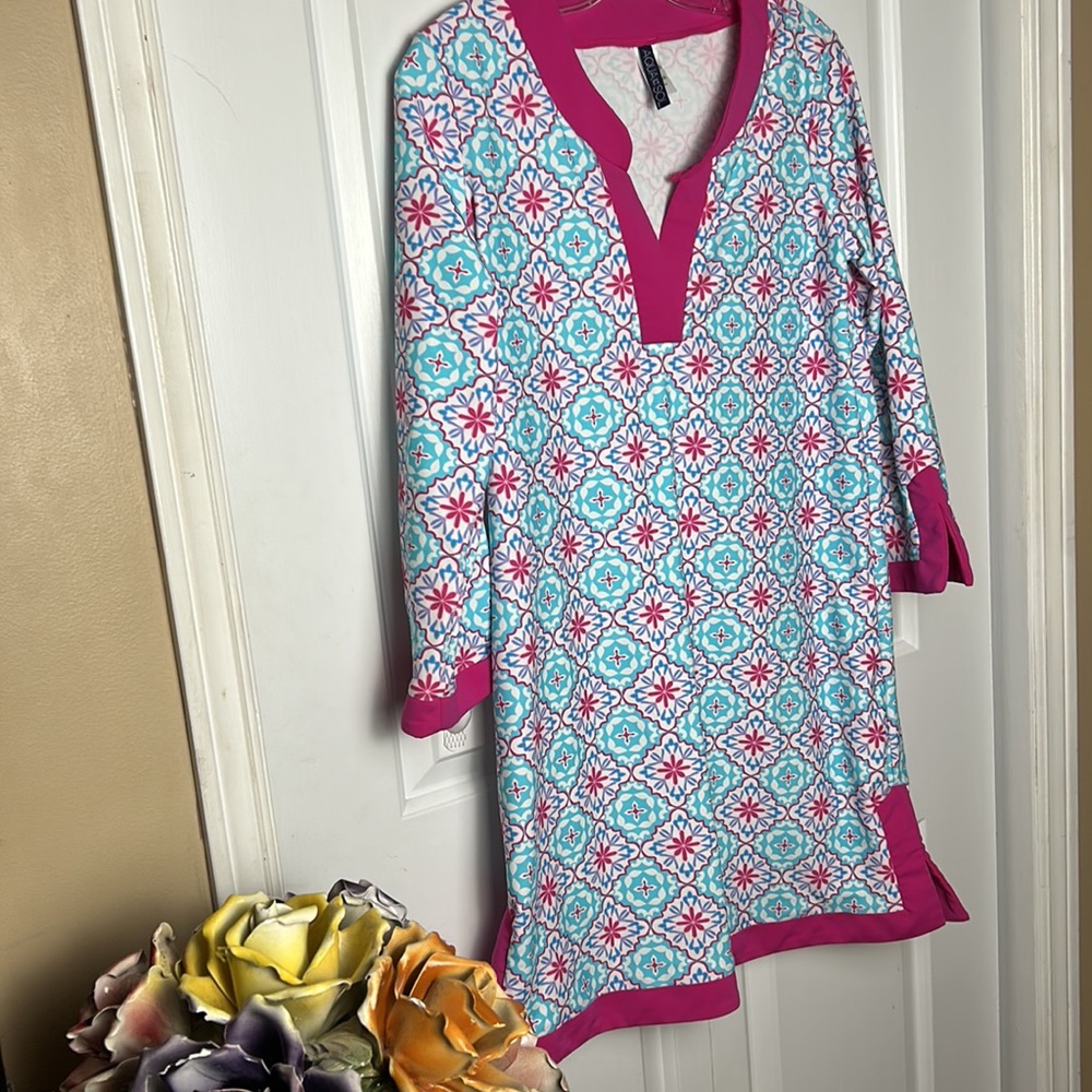 Cover up sun protective 50+ swim dress ,  long sleeve v neck kaleidoscope design